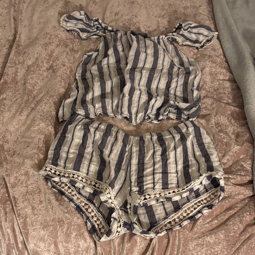 Lucky brand Striped Off-Shoulder Top and Shorts Set pajamas